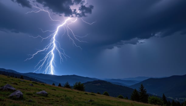 lightning striking in the distance beyond a ridge. photo