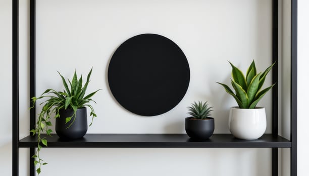 a minimalist black shelf with bold, spiky plants. photo