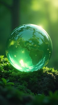 A green globe sitting on a mossy ground photo