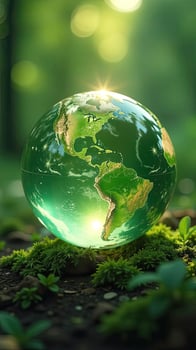 Earth globe in the forest with green grass and sunlight photo