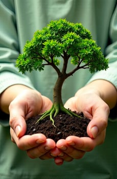 A person holding a small tree with soil photo