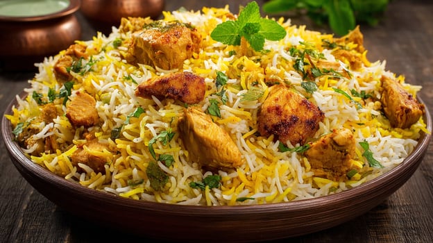 Spicy chicken biryani photo with visible masala and herbs garnish