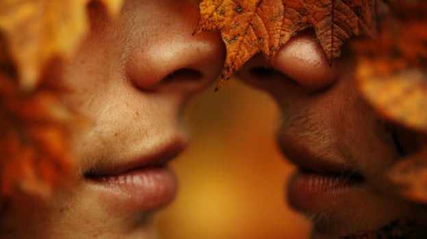 Close-Up of Two Faces Partially Hidden by Autumn Leaves photo