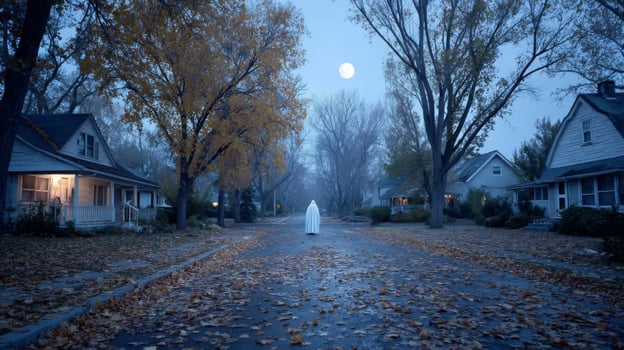 Ghostly Figure Walking Down a Suburban Street at Night photo