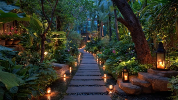 Lighted Pathway Through a Lush Tropical Garden at Night photo