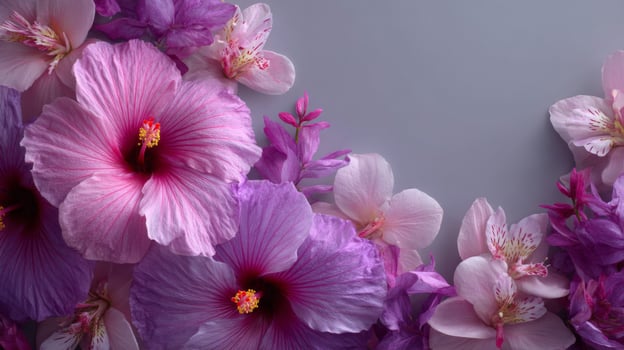 Pink and Purple Hibiscus Flowers on Grey Background photo
