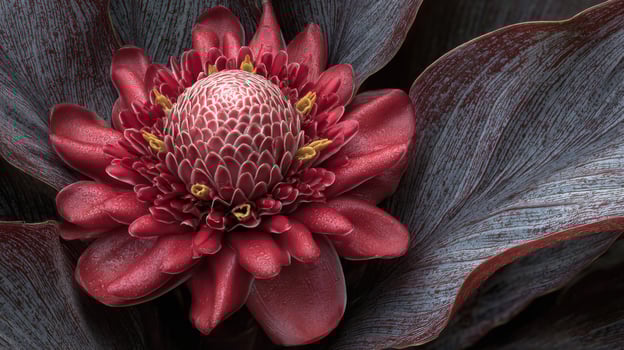 Close-Up of a Red Flower with Dark Leaves photo
