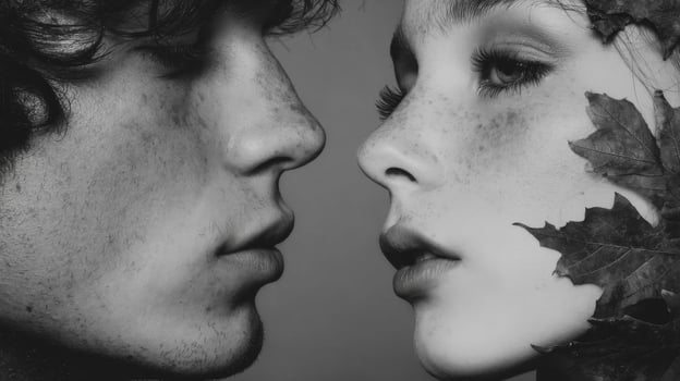 Close-Up Monochrome Portrait of a Couple with Leaf Detail photo