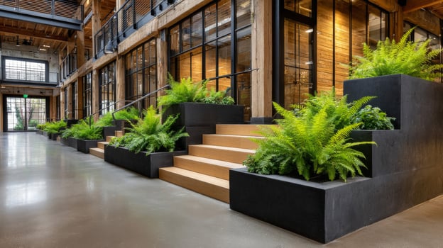 Modern Office Interior with Greenery and Concrete Planters photo