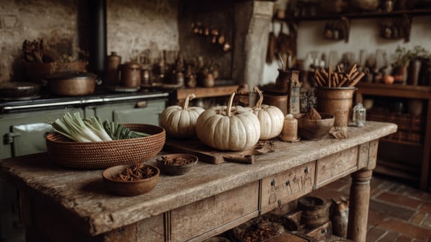 Rustic Kitchen Table with Pumpkins and Vegetables photo