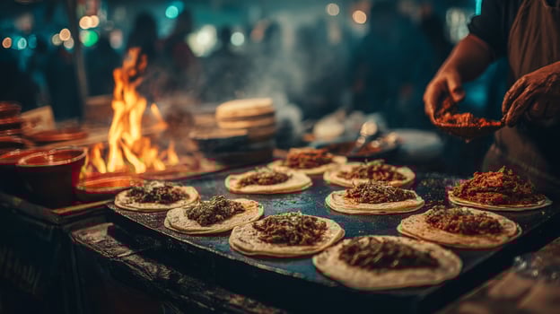 Night Market Tacos A Street Food Vendor Grilling Meat on a Flattop with Bright Flames photo