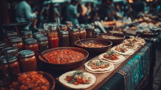 Vibrant Street Food Display Tacos and Various Salsas photo