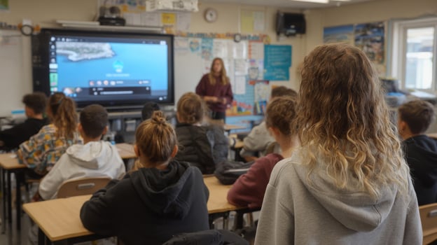 Teacher Leading Interactive Lesson In Bright Classroom photo