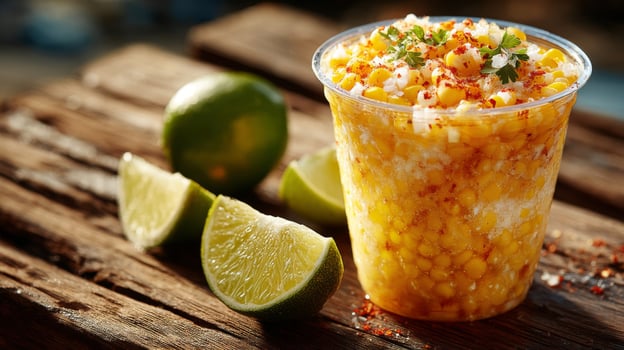 Mexican Street Corn in Cup with Lime Wedges photo