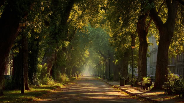 Sunlit Tree Lined Path in City Park photo