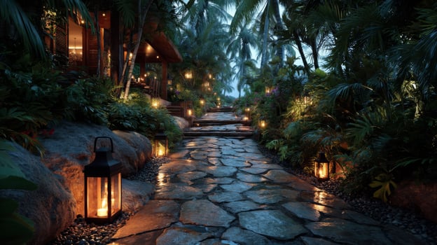 Lighted Stone Path Through a Rainy Night Garden photo