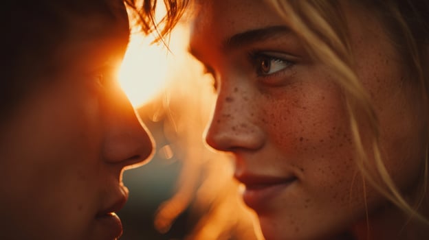 Young Couple at Sunset, Close-Up Portrait photo
