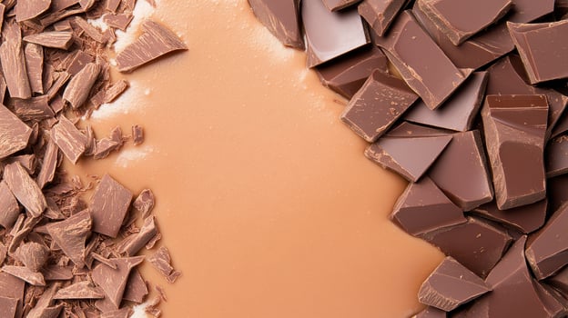 Dark chocolate chunks and shavings on smooth surface. Delicious looking gluten free low carb dessert ingredient arrangement. Sweet treat background with space photo