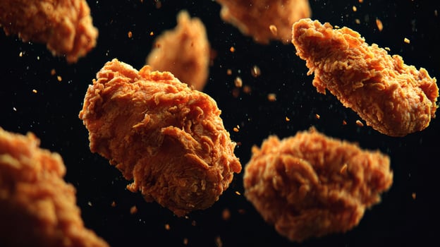 Floating crispy chicken wings in mid-air with crumbs against a dark background photo