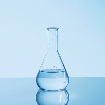 Clear glass flask with water on reflective surface photo