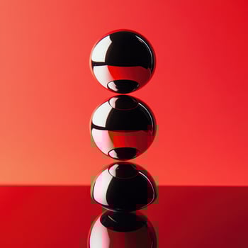 Glossy black spheres on red background photo