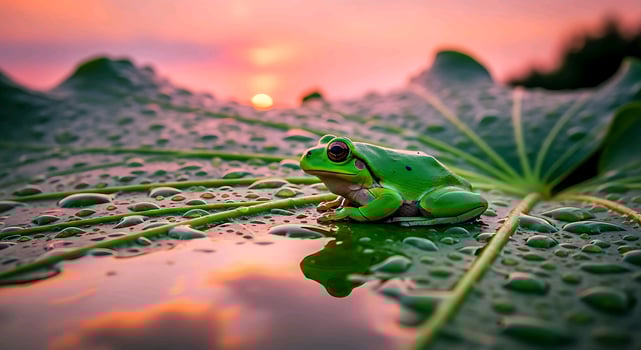one frog sitting on a leaf with water droplets on it photo