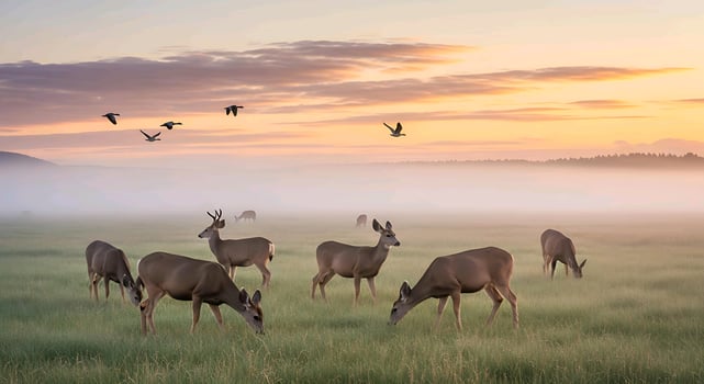 deer grazing in the morning mist photo