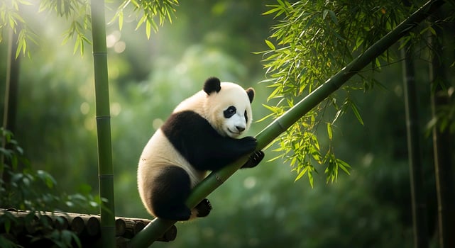 a panda bear is sitting on a bamboo branch photo