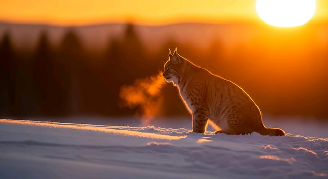 a lynx is sitting in the snow at sunset photo