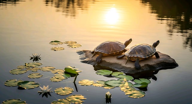 two turtles sitting on a rock in the water at sunset photo