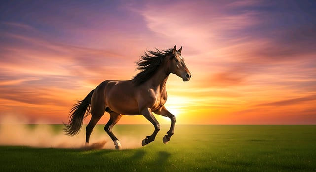 a horse running in the sunset photo