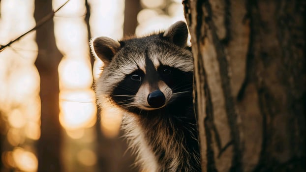 a raccoon peeking out from behind a tree photo