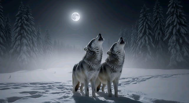 two of wolves howling at the moon in the snow photo