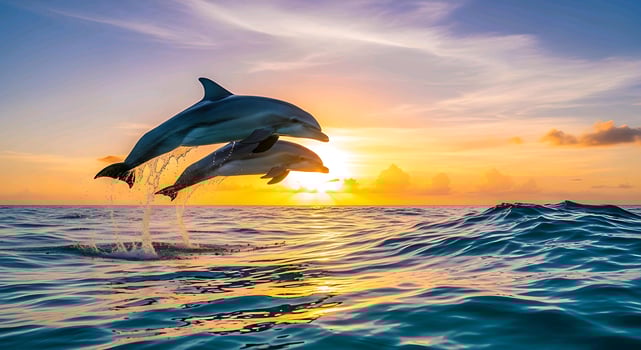 two dolphins jumping out of the water at sunset moment photo