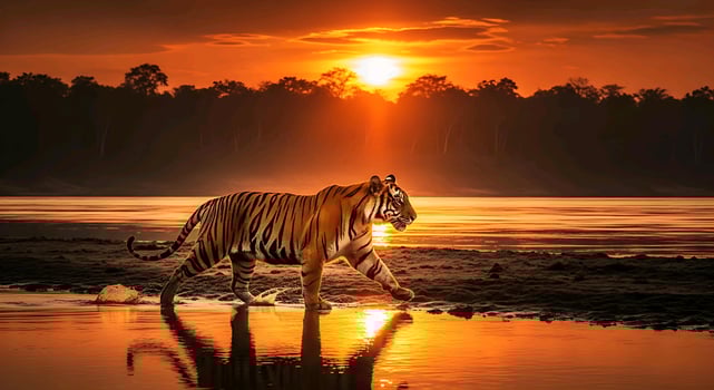 an tiger walking across the water at sunset photo
