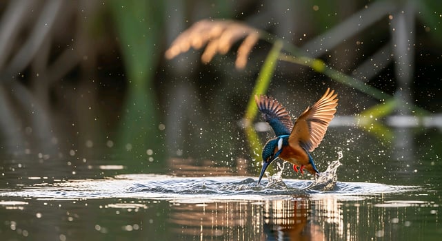 a kingfisher taking off from the water photo