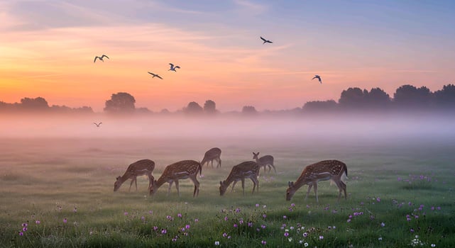 deer grazing in the mist at sunrise photo