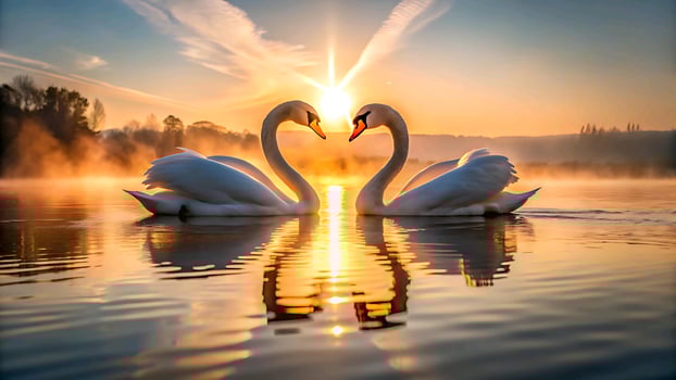 two swans making a heart shape in the water photo