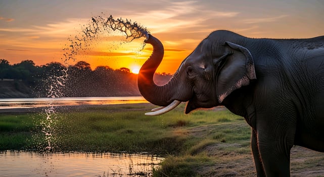an elephant is standing next to a river at sunset photo