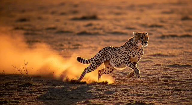 an cheetah running across the desert at sunset photo