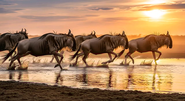 wildebeest crossing the river at sunset photo