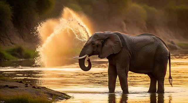 an elephant spraying water from its trunk at sunset photo