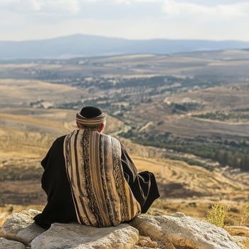 Man in traditional clothes views landscape photo