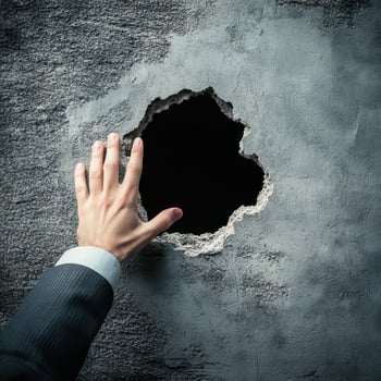 Hand reaching through a damaged wall during midday photo