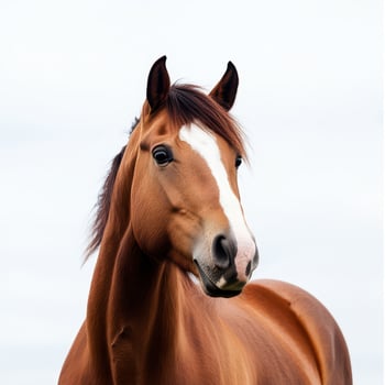 Beautiful brown horse stands against cloudy sky photo