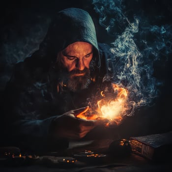 Mystical sage performs magical ritual at dusk photo