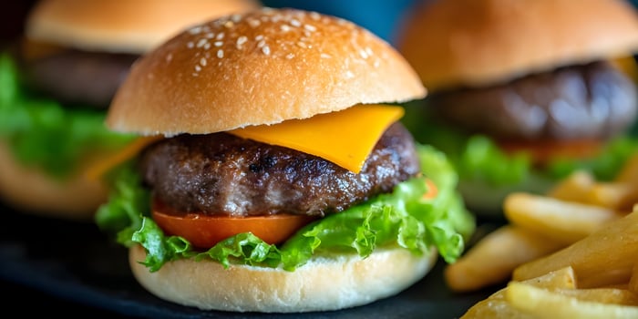 Closeup Gourmet Cheeseburger with Lettuce Tomato Sesame Bun and French Fries photo