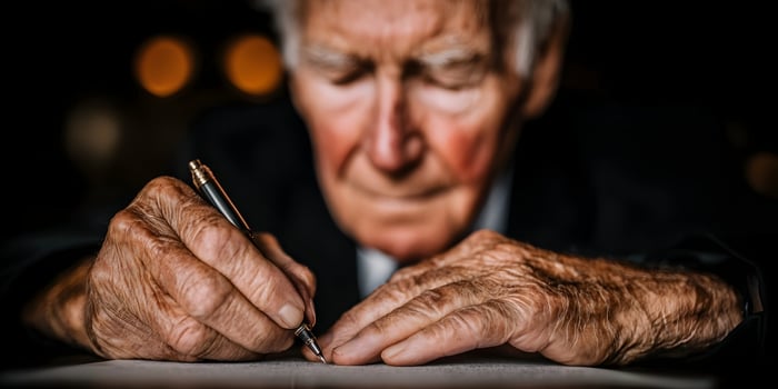 Closeup Elderly Man Writing with Pen Detailed Wrinkled Hands photo