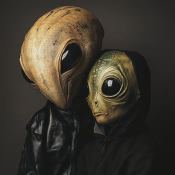 Unique alien masks worn by two children indoors photo