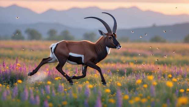 Antelope Running Through Field of Wildflowers at Sunrise Landscape photo